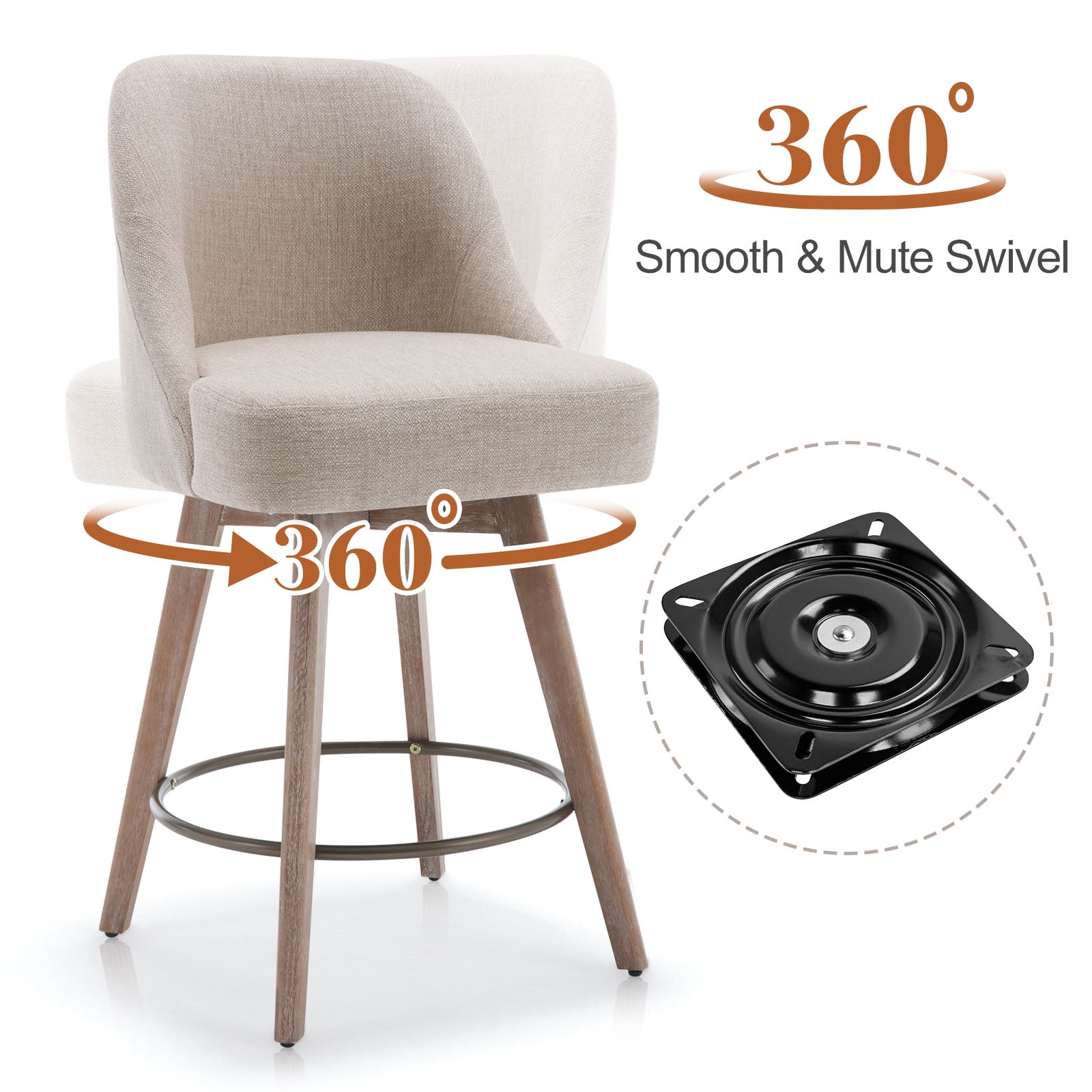 ANMINY Counter Height Bar Stools Upholstered Linen Fabric Swivel Barstools, Set of 4, 26" Seat Height with Back Mid-Century Chairs Island Stools for Home Bar Kitchen Pub