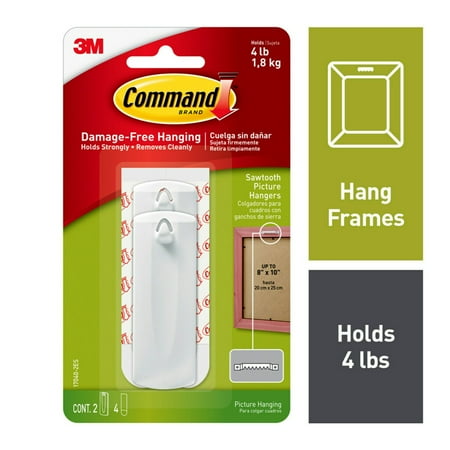 Command Sawtooth Picture Hanger Value Pack, White, Large, 2 Hangers, 4 Strips/Pack