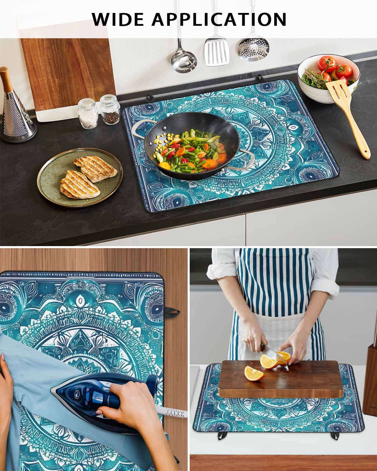 nqOlkjepod Large Induction Cooktop Protector Mat 24"x21", Turquoise Boho Stove Top Covers for Electric Stove, Vintage Country Ethnic Abstract Motifs Stove Burner Cover Mats, Glass Top Stove Cover