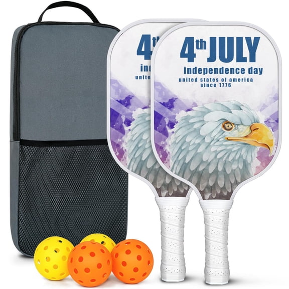 Pickleball Paddles Set Of 2, Fiberglass Surface, USA, Independence Day Print, 4 Balls & Bag