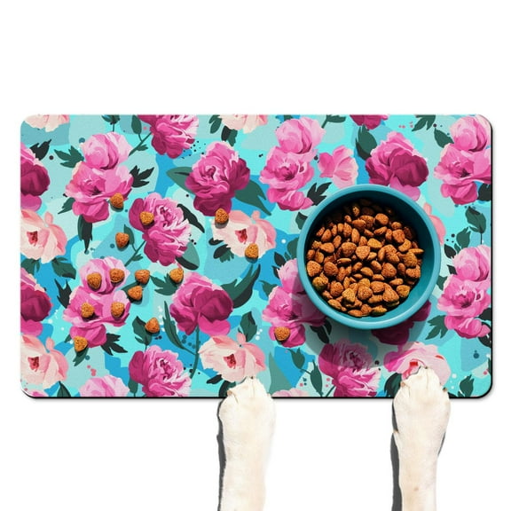 Farmhouse Extra Large Floral Dog Bowl Mat - Waterproof Pet Food Mat with Bright Colorful Flower Design