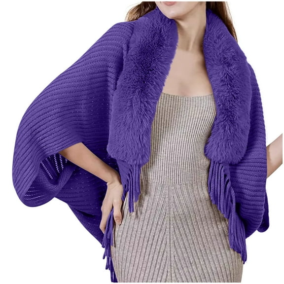 Women's Shawl Wraps with Faux Fur Collar Shawl Knit Open Front Fringe Poncho Elegant Cozy Ribbed Cardigan Sweater