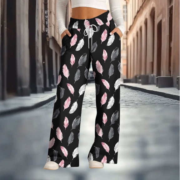 Women's Wide Leg Pants Elastic High Waist Drawstring Print Trousers Casual Loose Stylish Clothes With Pockets (XL, Black-D)