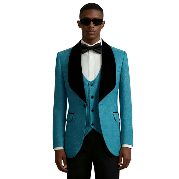 Paisley 3-Piece Suit for Men Black Shawl Collar, Print Jacket Vest, Black Stretch Pants