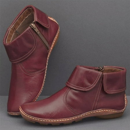 

YOUSNH Boots Toe Women s up Pleated Flat Vintage Fashion Round Zip Winter women s boots Womens Boots Wine 10