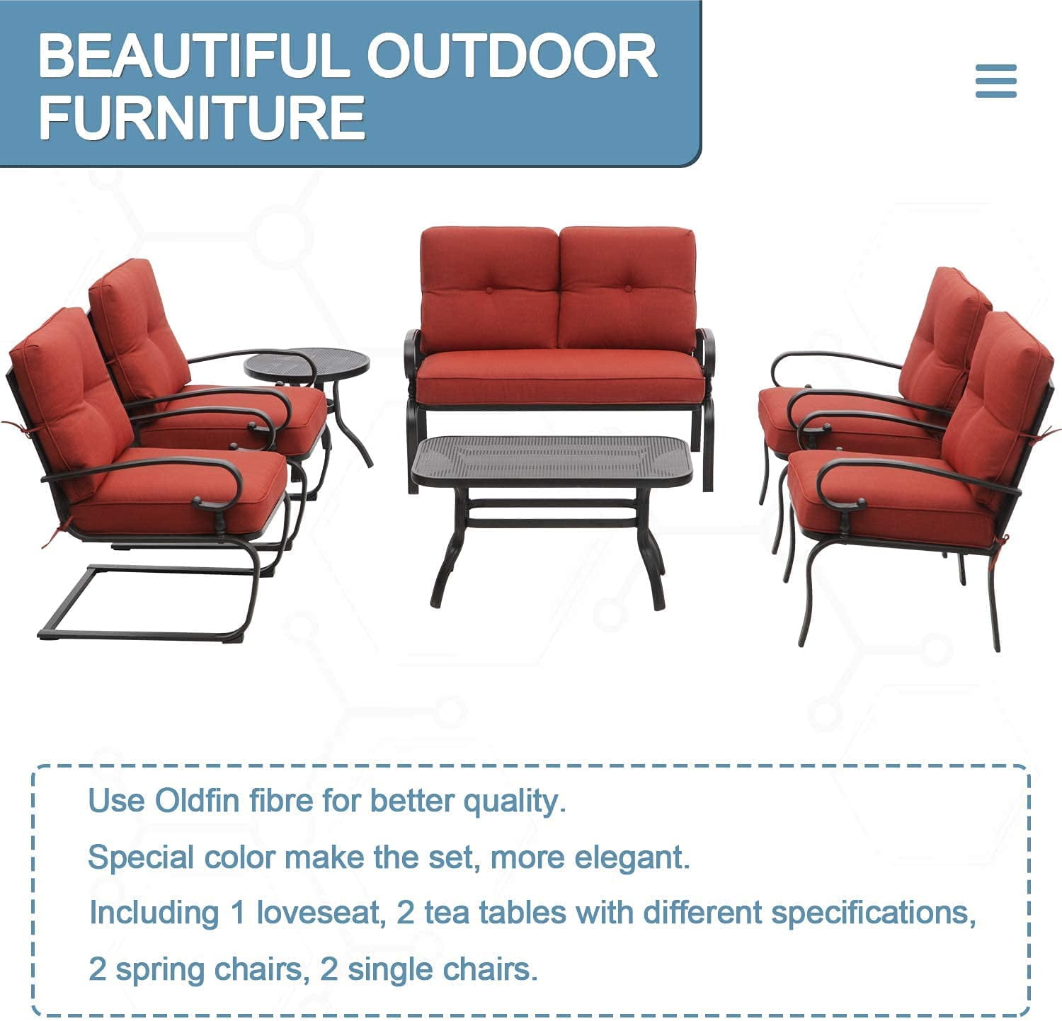 SOLAURA 7-Piece Patio Furniture Outdoor Metal Conversation Set (2 Spring Chairs, 2 Patio Chairs, Loveseat with Coffee Table and Side Table) - Red