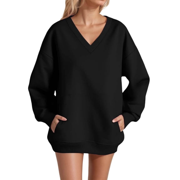 DHFJKG Sweatshirt For Women Oversized V Neck Long Sleeve Plain Sweatshirt Drop Shoulder Loose Fit Casual Pullover With Pocket Classic Tops