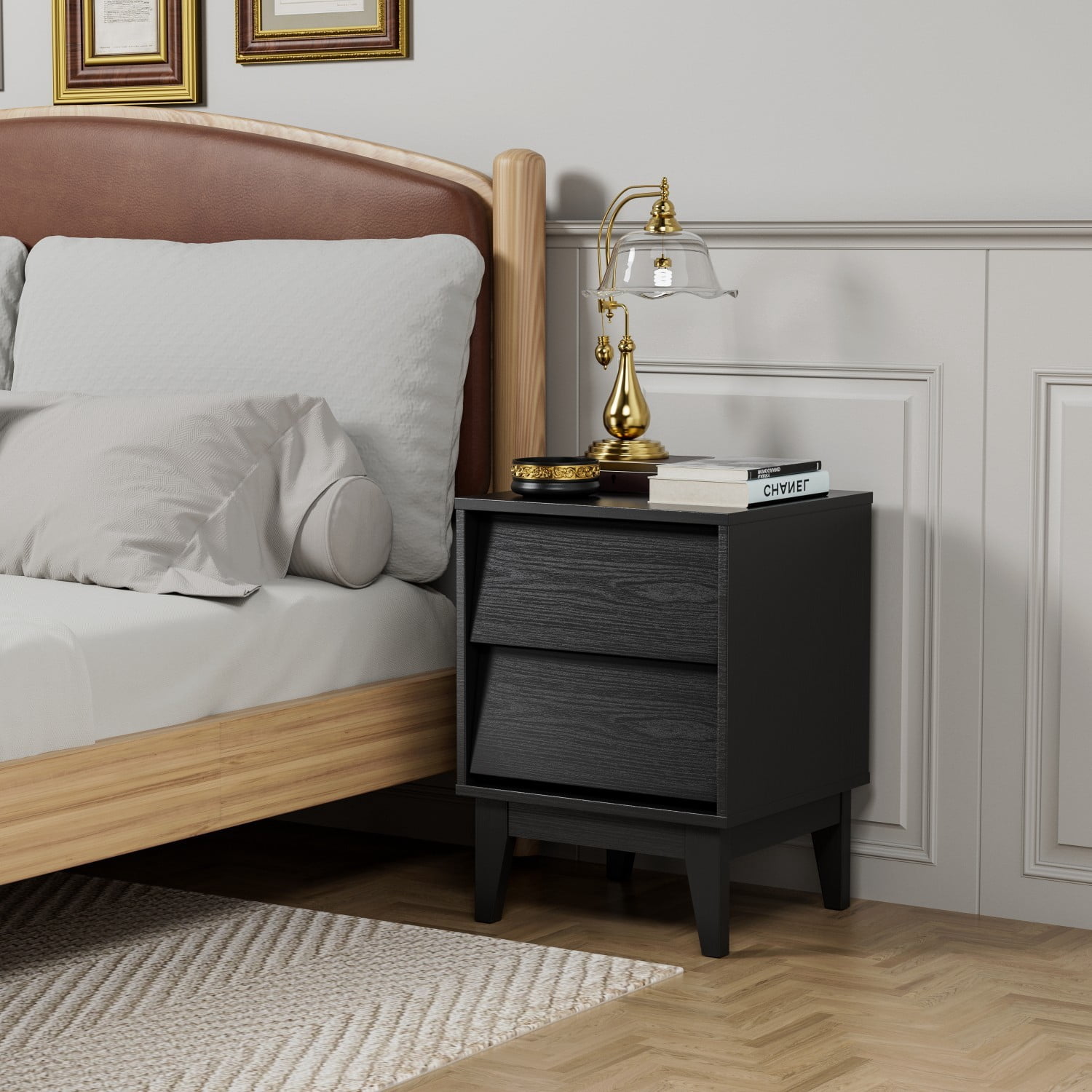 Set of 2 Mid Century Modern Nightstands with Drawer, Vintage Style Beveled Design Bedside Tables, Wood Leg End Tables with Storage for Bedroom, Living Room, Black