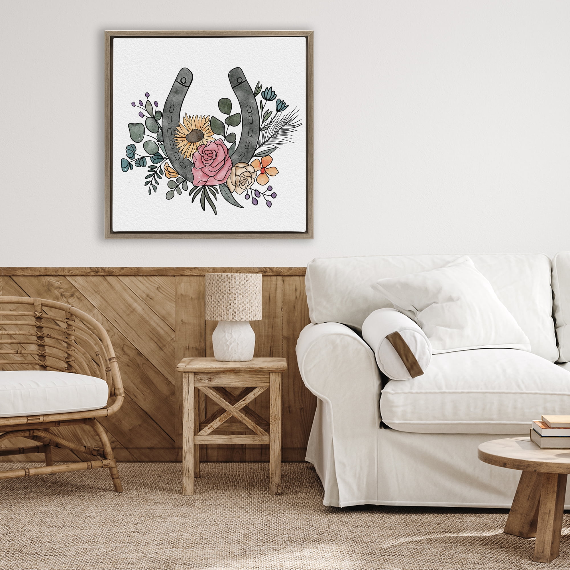 Stupell Industries Boho Floral Horseshoe Brown Framed Floater Canvas Wall Art, design by Alisha Kiara Design