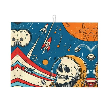 

Dish Drying Mats for Kitchen Counter - Astronaut Skeleton Space 18x24in Dish Drying Pad Coffee Mat with Hanging Loop Super Absorbent Kitchen Counter Mat Coffee Bar Accessories
