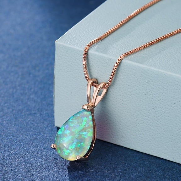 Blue Opal Oval Birthstone Necklace,Silver Plated Fire Opal Waterdrop Gemstone Dainty Necklace