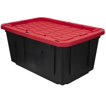 Large storage box, 27 gallon plastic storage box with snap on lid, black and red