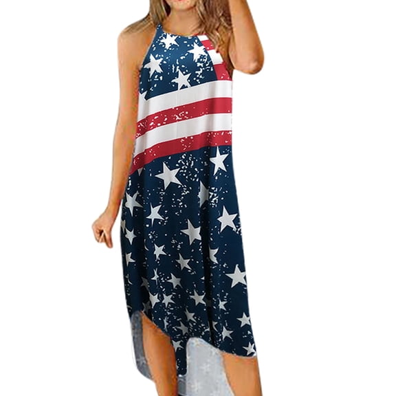 IROINNID 4th of July Dress for Women Sleeveless A-Line Dress Independence Day Printing Ladies Mini Dress Round Neck Dress