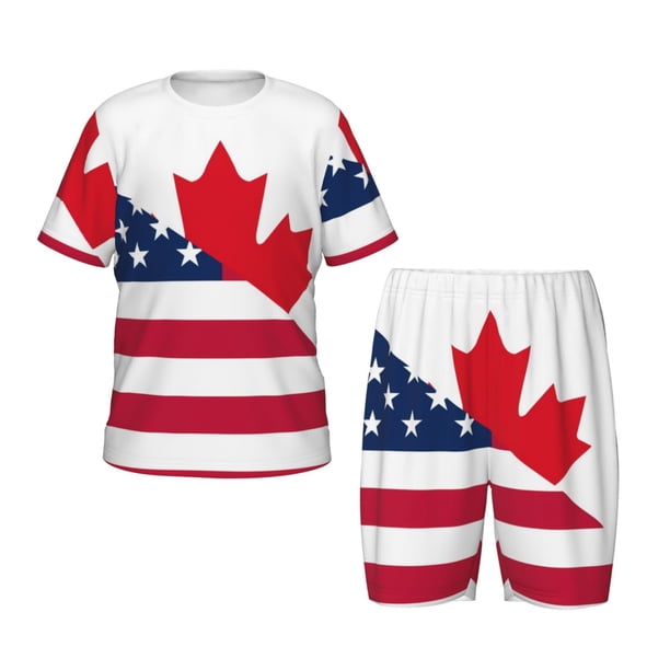 Fotbe USA Canada Flag Pijama Estampada de 2 Piezas para Niños – Ropa de Dormir de Manga Corta Cómoda para Niños y Niñas, Camiseta y Shorts de Algodón-Large