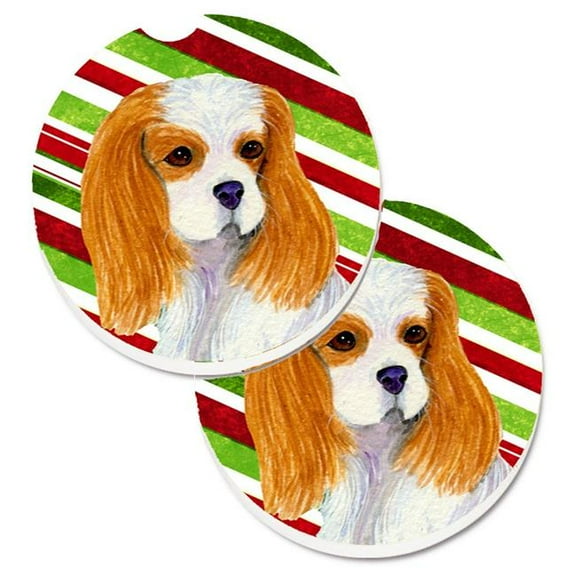 Cavalier Spaniel Candy Cane Holiday Christmas Set of 2 Cup Holder Car Coaster
