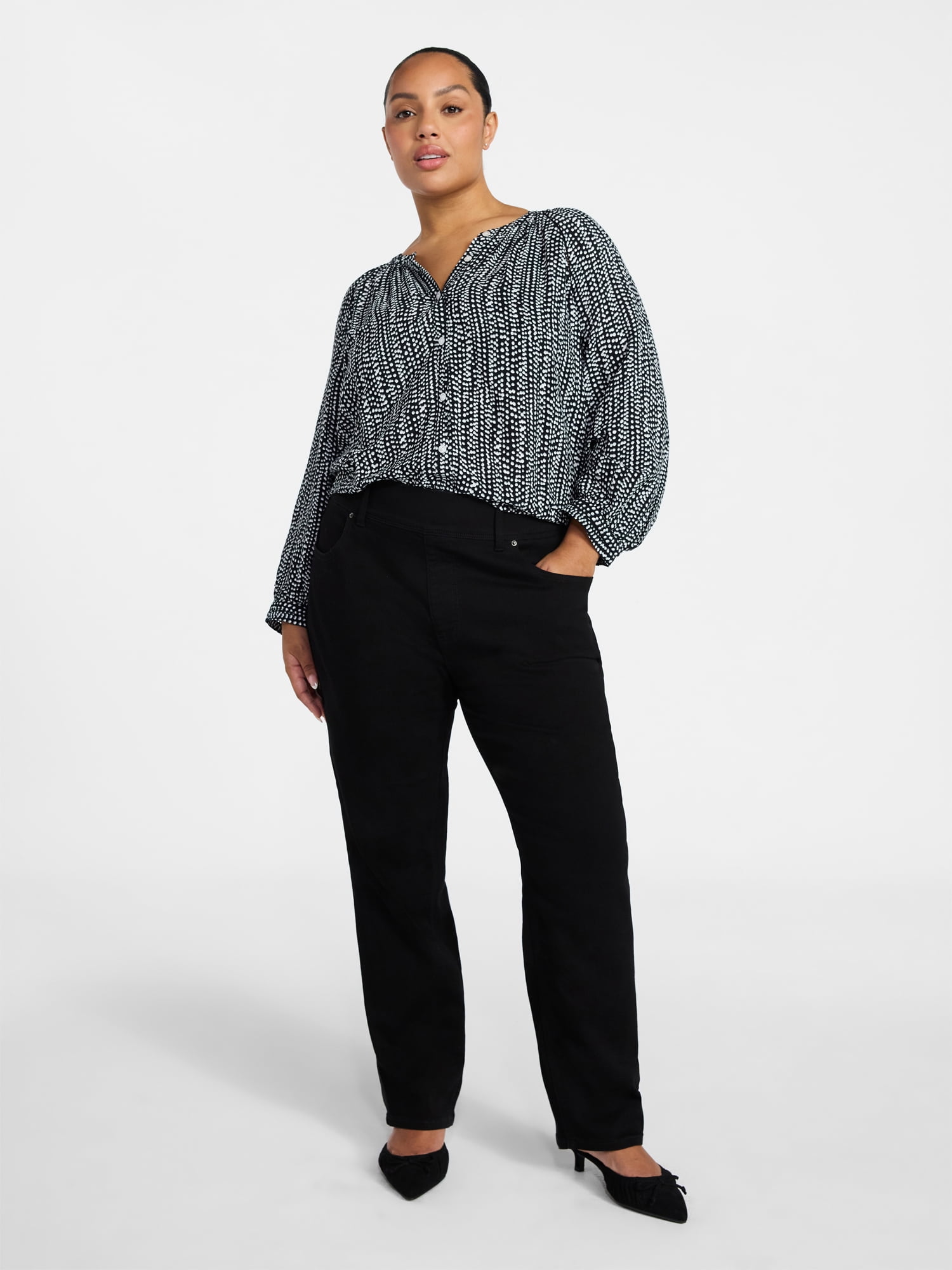 Terra & Sky Women's Plus Size Button Blouse with 3/4-Length Sleeves, Sizes 0X-5X
