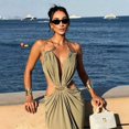 thumbnail image 3 of Womens Green Deep V-Neck Cutout Maxi Dress with Gold Chain Detail, 3 of 8