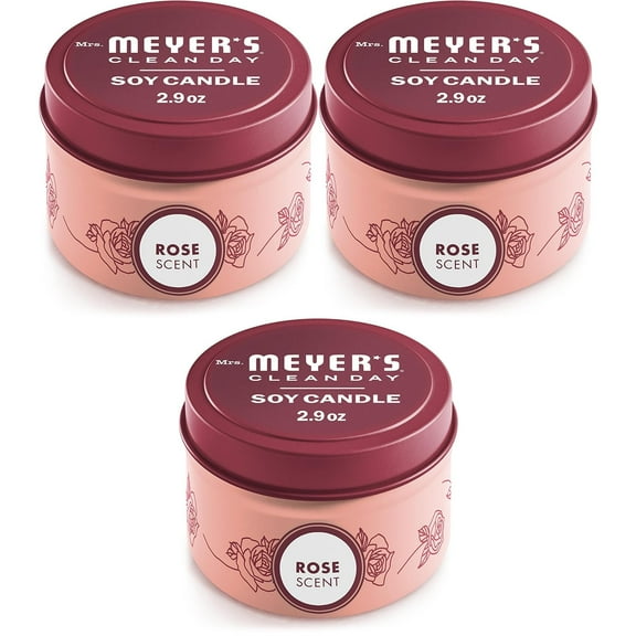 MRS. MEYER'S CLEAN DAY Soy Tin Candle, 12 Hour Burn Time, 3 Pack, Made with Soy Wax and Essential Oils, 2.9 oz, Rose