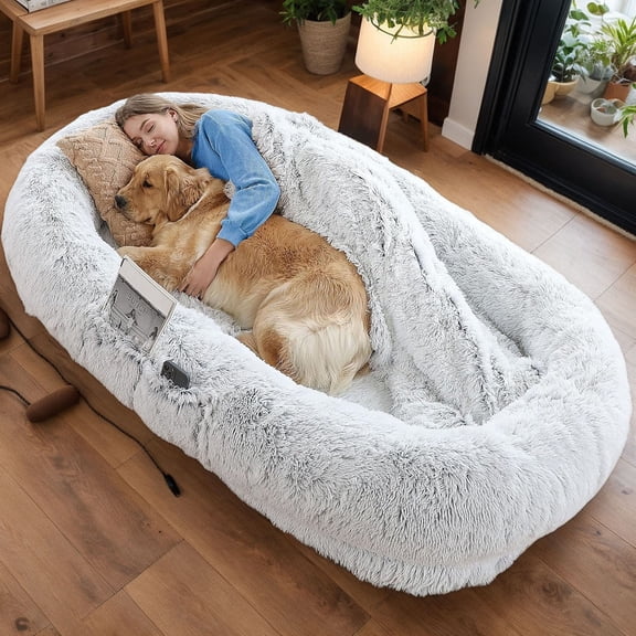 CQSXDA Grey Faux Fur Human Dog Bed 71x45 Inches Washable Orthopedic Sleeping Solution for People and Pets