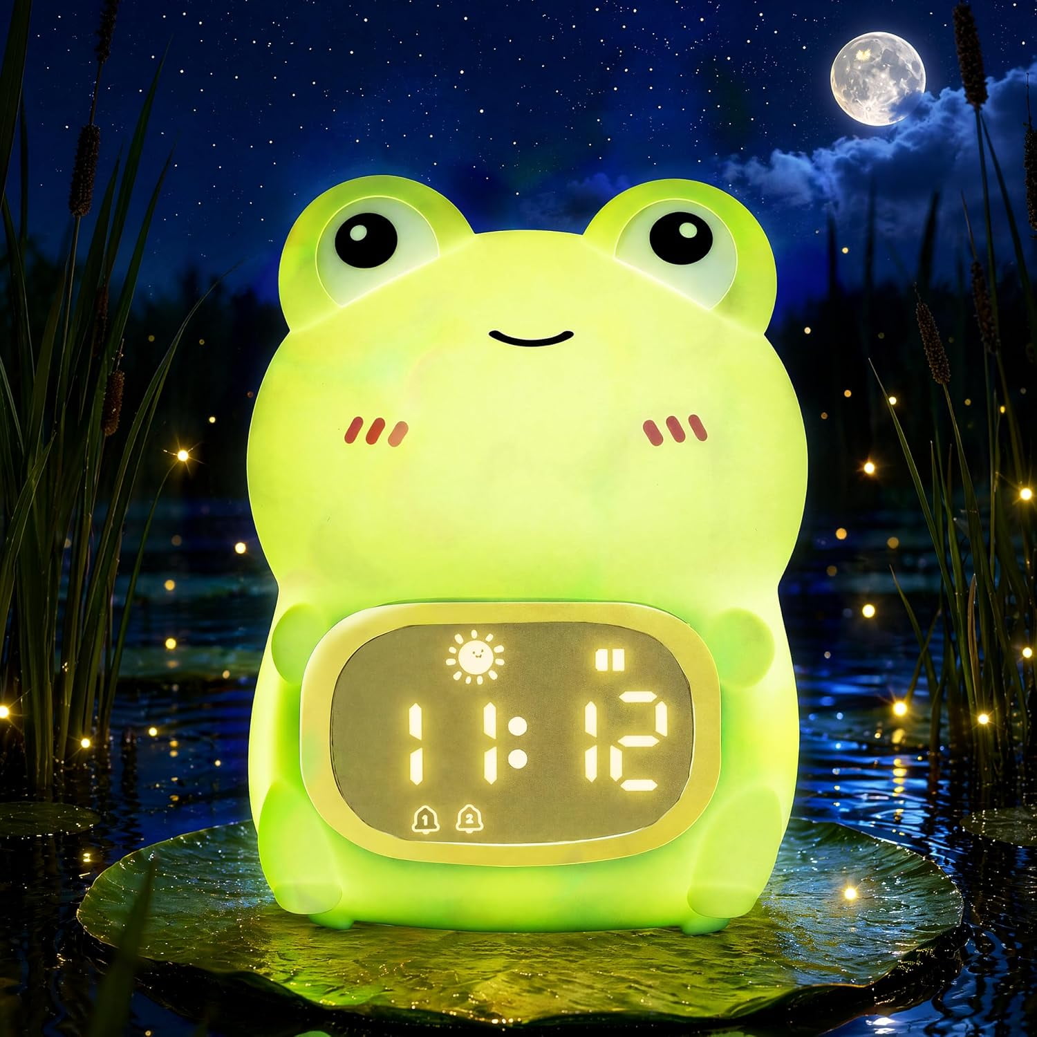 Frog Night Light with Alarm Clock, Cute Rechargeable Silicone Animal Lamp, OK to Wake Clock with 9 RGB Lights, 6 Sounds, Dual Alarm (1PC)