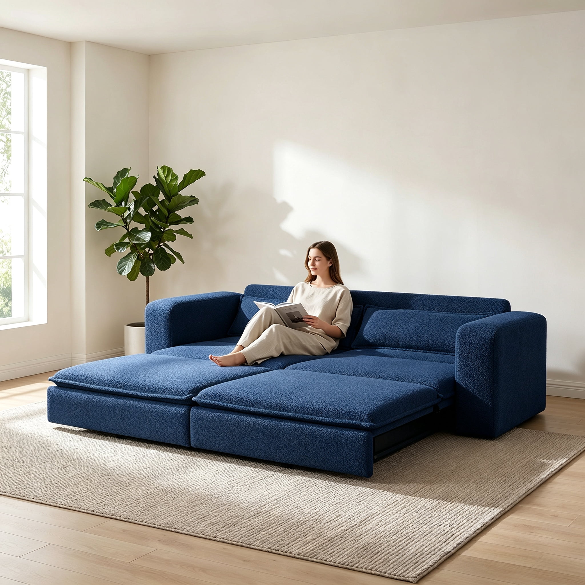 3-in-1 King Size Sleeper Sofa Bed, 93" Sherpa Fleece Pull Out Couch with Wide Armrests & Deep Seat, Modern Convertible Futon Lounge Sofa with 2 Pillows, Blue