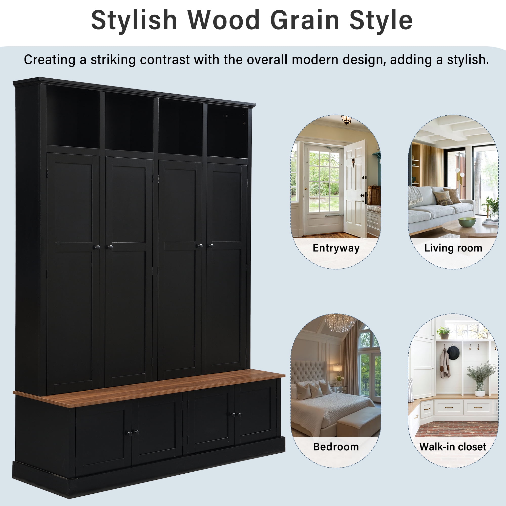 76.7''H Modern Entryway Hall Tree with Storage Bench, Accent Wardrobe Organizer with Cubbies and Hidden Hooks for Hallway