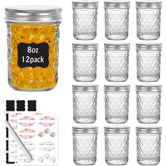 SUMMIT-8 OZ Mason Jars with Silver Lids,12 Pack Crystal Glass Canning Jars 240ml Wide Mouth Jelly Jars for Honey,Jam Preserving,Baby Foods,Party&Wedding Favors