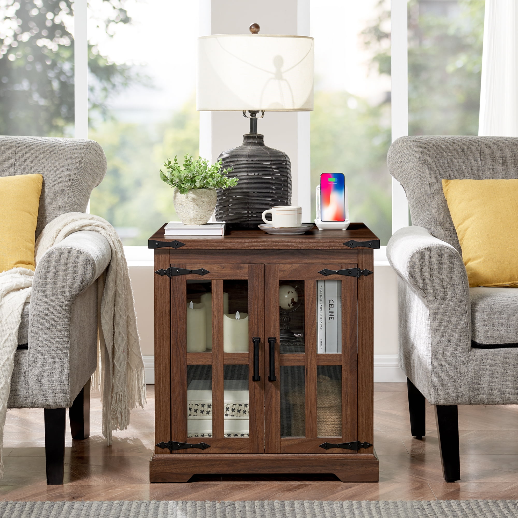 RUSTOWN Farmhouse Nightstand with Adjustable Shelf, Walnut
