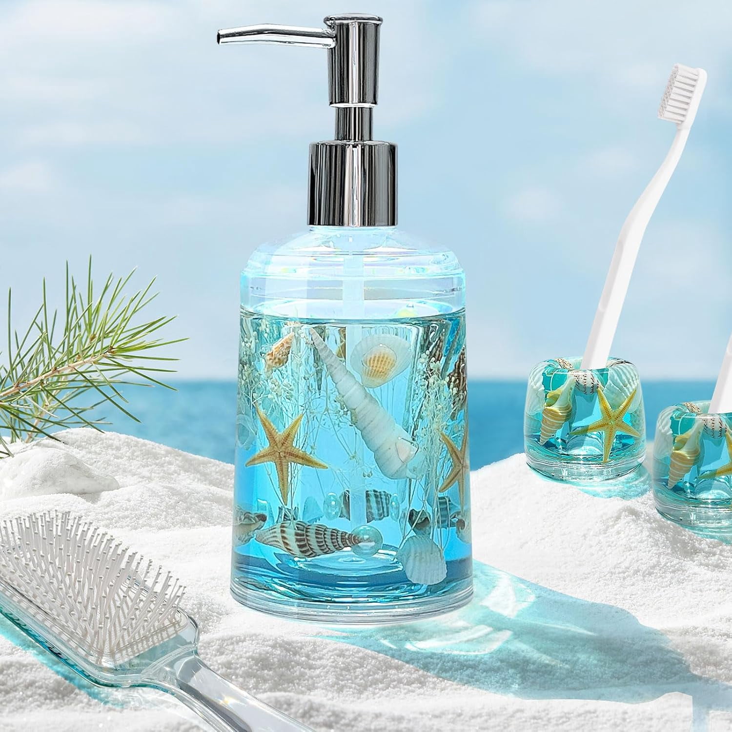 FONMY Refillable Countertop 18oz Soap Dispenser with Pump Acrylic w/ Seashell for Bathroom/Kitchen (Ocean Blue)