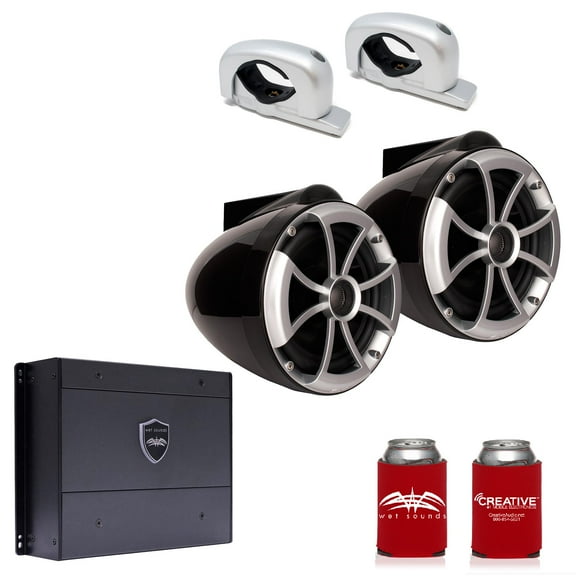 Wet Sounds ICON8B-FC-SA 8" Black Tower Speakers with Silver Aluminum Fixed Clamps & SYN-DX2 750 Watt Amplifier