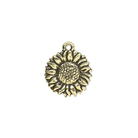 

Charm TierraCast antique gold-plated pewter (tin-based alloy) 15mm double-sided sunflower. Sold per pkg of 2.