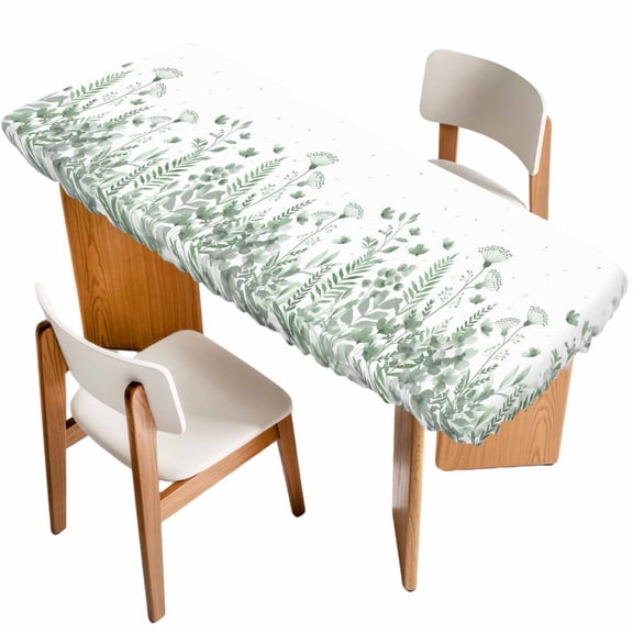 Sage Green Spring Floral Table Cloths for 8 Foot Rectangle Tables, Watercolor Elegant Pastoral Flowers Patio Waterproof Elastic Fitted Tablecloths, Washable Rectangular Table Cover for Camping