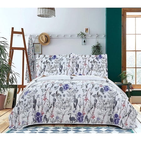 Green Essen 3 Pcs Purple Floral Quilts Queen Butterfly MIcrofiber Bedspread