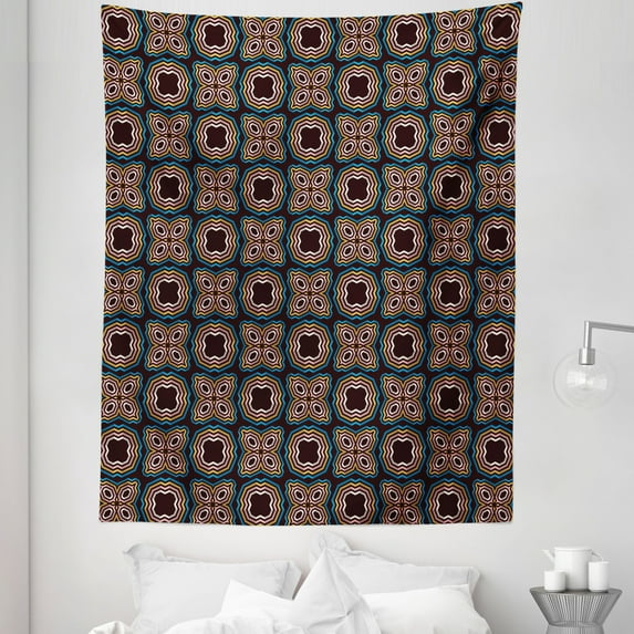 Abstract Tapestry, Vintage Geometric Mosaic Art Flower Petals Ornamental in Boho Tones, Fabric Wall Hanging Decor for Bedroom Living Room Dorm, 5 Sizes, Redbrown Beige and Blue, by Ambesonne