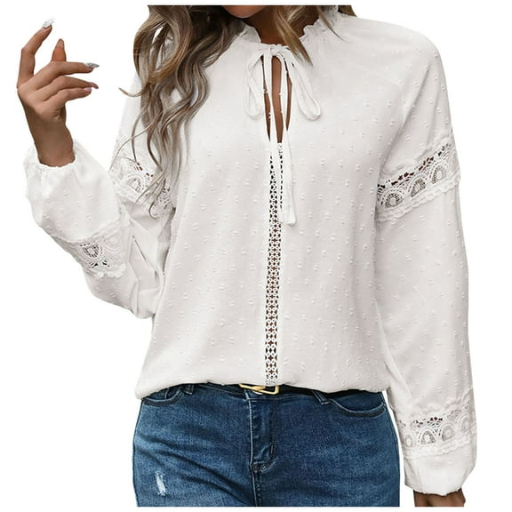 Samickarr Jacquard Tops for Women Trendy Long Sleeve Drawstring Lace-Up Ruffle V-Neck Mesh Lace Patchwork Blouse Solid Color Casual Loose T-Shirts