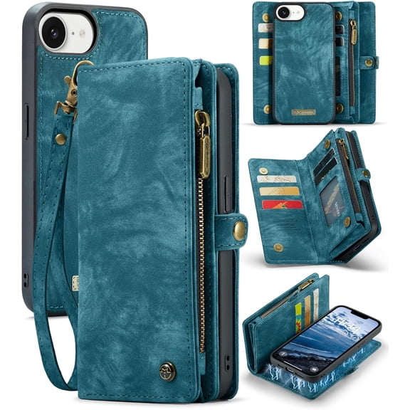 Wallet Case for iPhone 16e, Zipper Purse Folio Leather Wallet with Card Holder Wrist Strap Detachable Magnetic Shockproof Protective Back Case for iPhone 16e 2025 6.1 inch