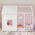 thumbnail image 2 of Bellemave Twin Size Montessori Bed with LED Light and Rails, House Floor Bed with Bookshelf, Wood Playhouse without Slats, White, 2 of 7