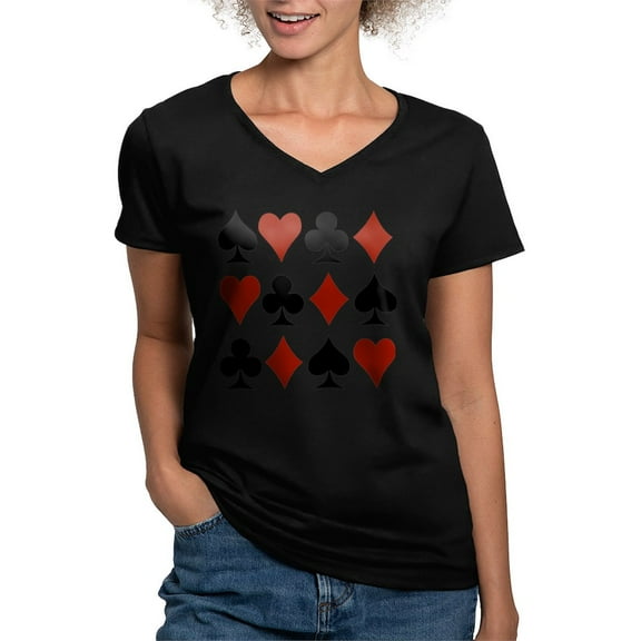 CafePress - Playing Card Symbols Women's V Neck Dark T Shirt - Women's V-Neck Dark T-Shirt
