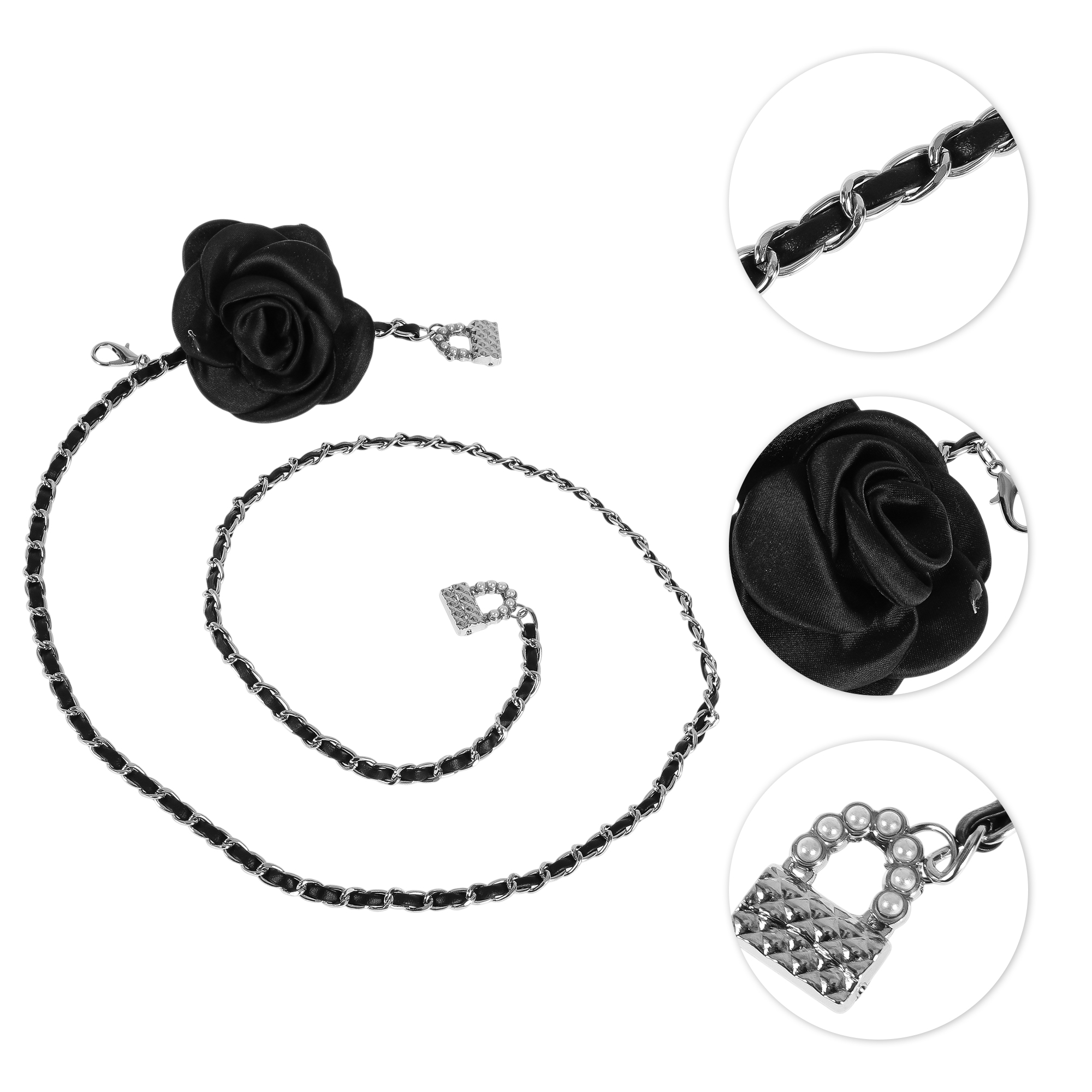 Unique Bargains Flower Adjustable Waist Belt with Adjustable Clasp Silver Tone, Black