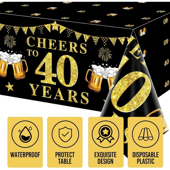 3 Pack Black Gold 40th Birthday Tablecloth Decorations for Men Women, Cheers to 40 Years Table Cover Party Supplies, Forty Years Old Birthday Anniversary Disposable Rectangular Table Ware