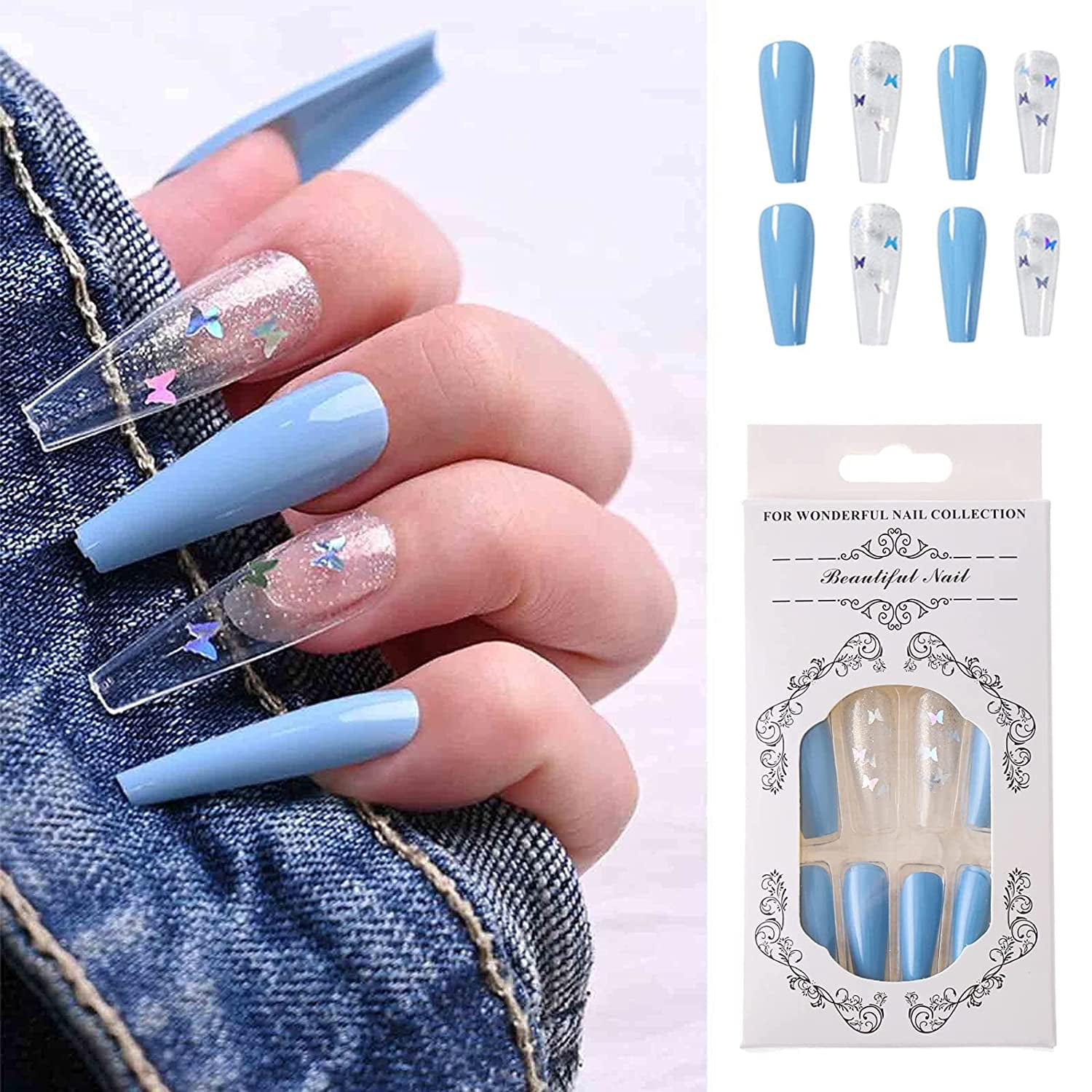 24pcs Long Press On Nails Blue Butterfly Fake Nails Coffin False Nails For Women Full Cover Acrylic False Nails With Glue Artificial False Nails With Designs For Women And Girls