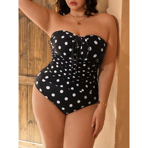 Plus Size Polka Dot Ruched Front Tankini Set with Drawstring Waist and Triangle Bikini Bottom