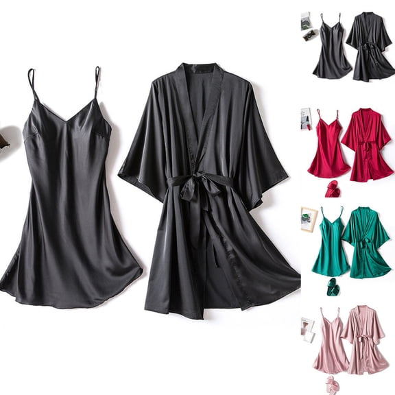 Bovxnpu Womens Silk Satin Pajamas Set 2 Piece Lounge Set 2-Piece Robe & Pajama Set Soft Lounge Wear for Daily Comfortable Sleepwear