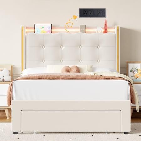 Homfa Twin Size LED Bed Frame with Drawer, Velvet Crystal Button Upholstered Platform Bed Frame with Outlets and USB Ports & Display Platform, No Box Spring Needed, Beige