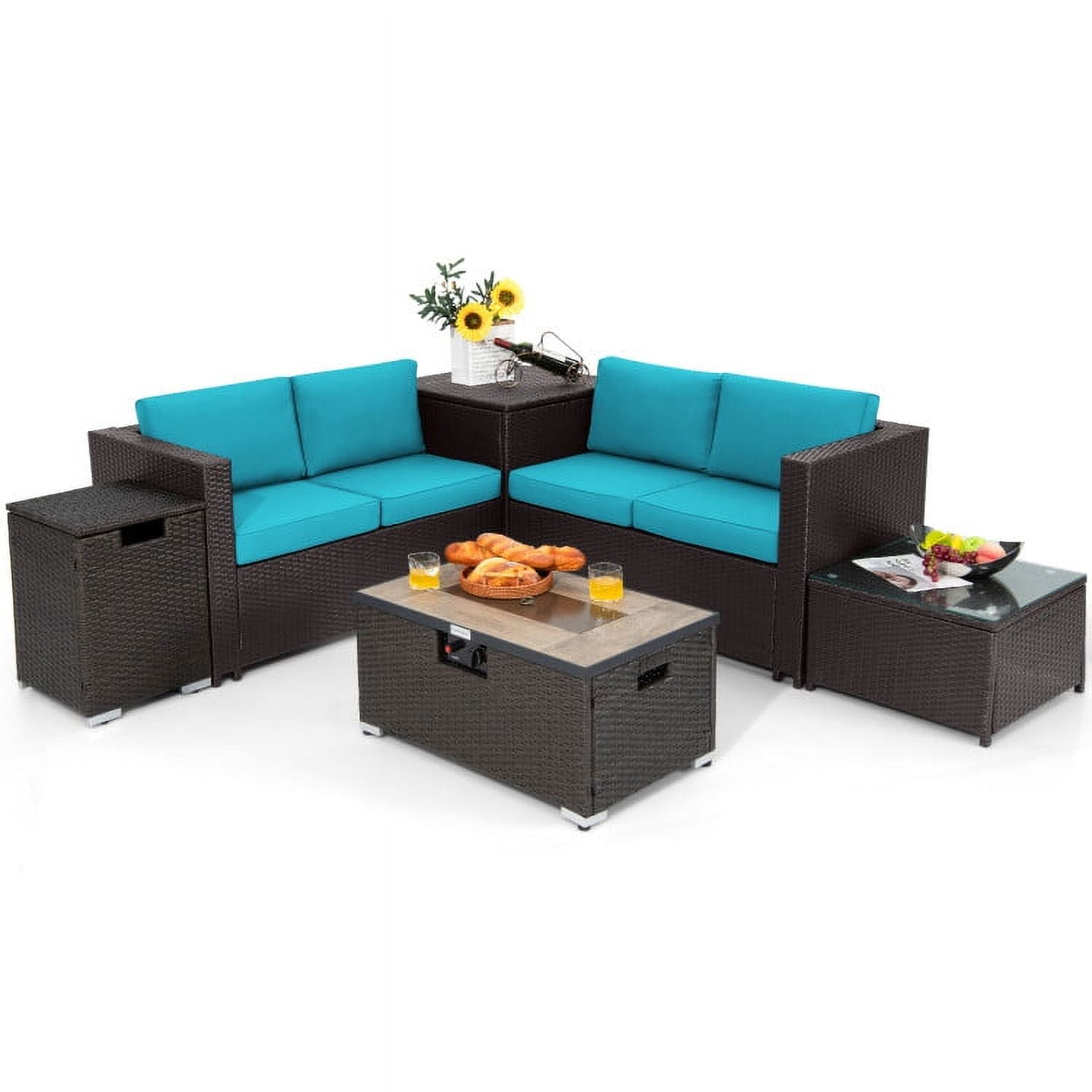 Aimee Lii 6 Pieces Outdoor Wicker Furniture Set with 32" Propane Fire Pit Table, Patio Conversation Sets, Turquoise