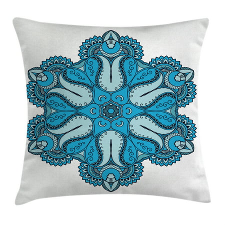 Mandala Decor Throw Pillow Cushion Cover, Old Mehndi Artisan Occult Power Symbol with Tulip Petal and Crescent Moons Design, Decorative Square Accent Pillow Case, 18 X 18 Inches, Blue, by