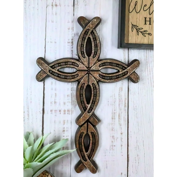 11.5"H Rustic Western Horseshoes Ichthys Christian Wall Cross Decor Plaque