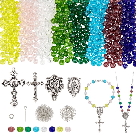 Rosary Making Kit 766pcs Glass Faceted Beads with Charms Rosary Prayer Making Supplies First Communion Necklace Set