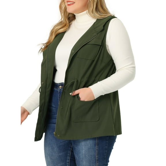 Unique Bargains Women's Plus Size Vest Sleeveless Anorak Cargo Drawstring Jacket