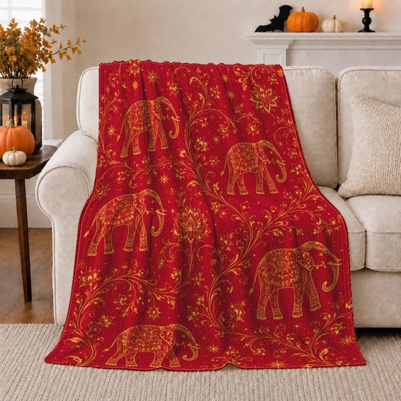 Boho Elephant Mandala Red, Festive Holiday Scene, Warm Flannel Blanket for Living Room and Family Room with Detailed Artwork, Art Lovers Thanksgiving Gift, Festive Home Decor